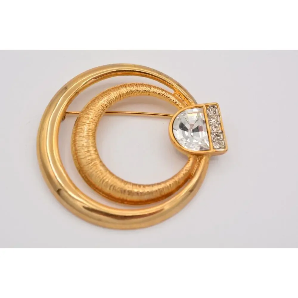 Craft Vintage Pin Brooch Rhinestone Crystal Gold Chunky Signed 1980s BinAT